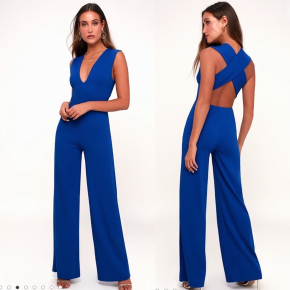 blue backless jumpsuit